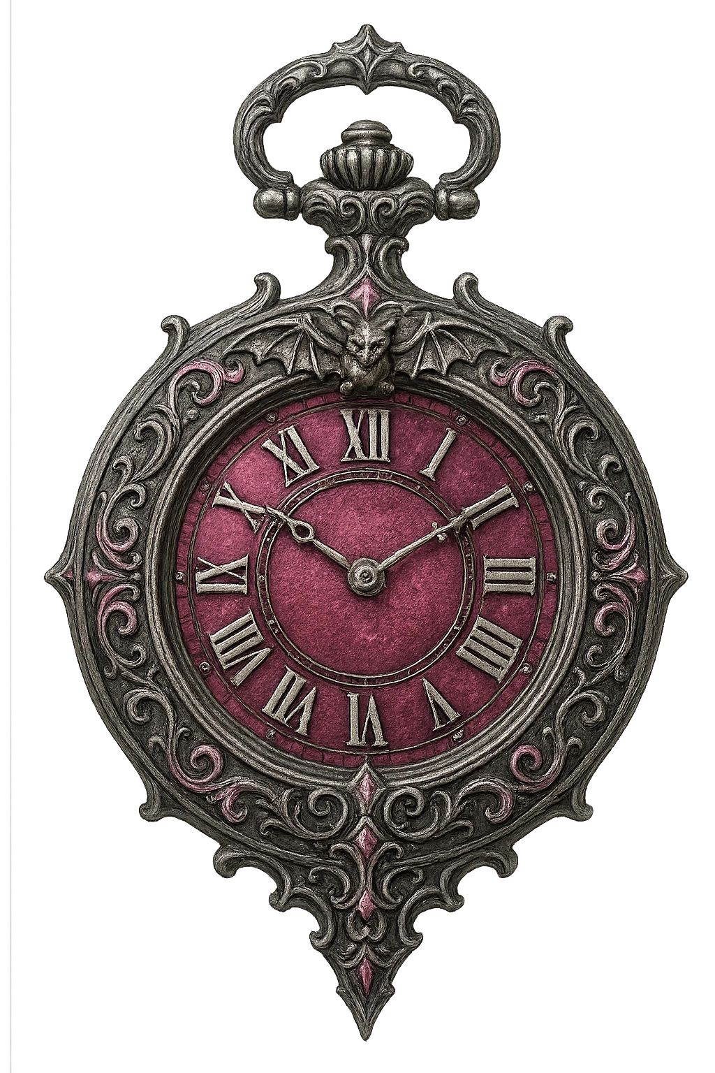 gothic pocket watch, pink and silver, ornate and dramatic emoji