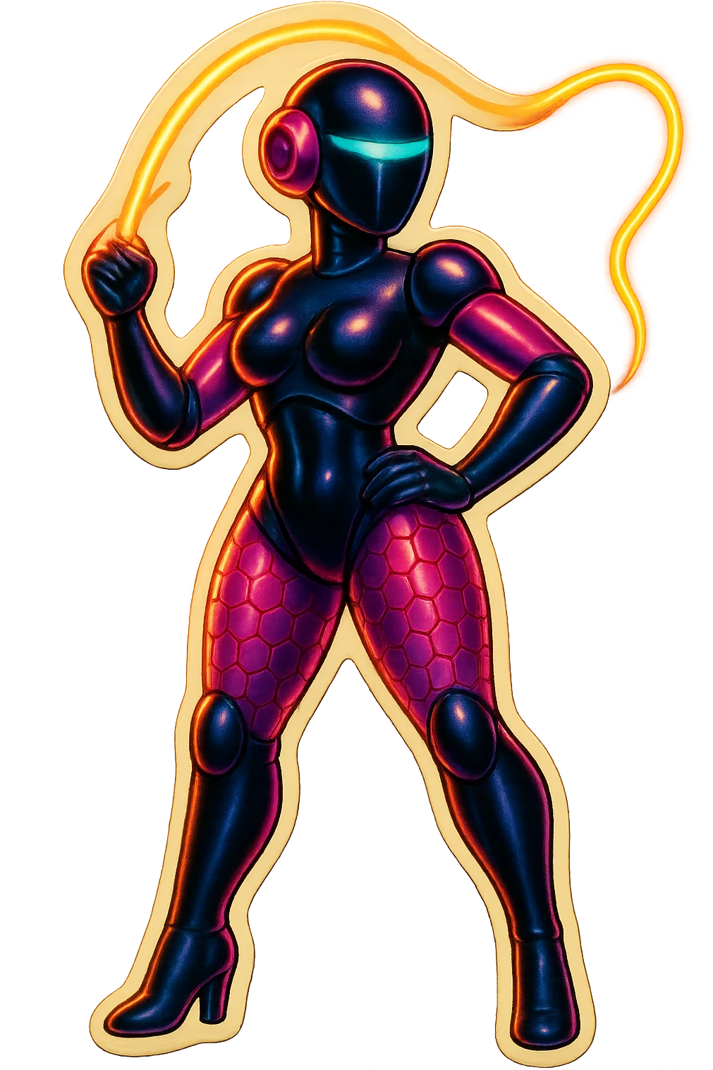 Add a glowing laser whip in the hand of a slim, powerful black female robot in retro sticker style, keeping the pose confident and the background transparent. emoji