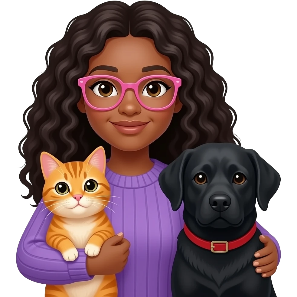 A black light skinned woman with long curly hair and pink glasses, wearing a purple sweater and holding an orange cat and black Labrador dog emoji