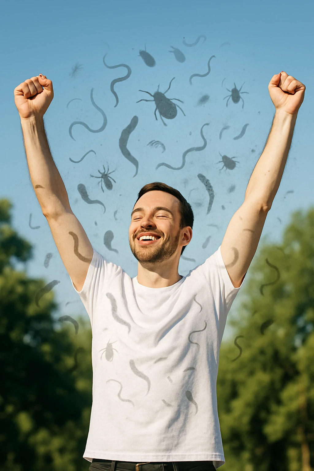 a man stands outdoors in bright sunlight, arms raised in relief and joy, while faint, shadowy silhouettes of parasites fall away from his body and dissolve into the air. His posture is upright and energetic, his expression serene and healthy. The background features green trees and a clear sky, emphasizing liberation and restored well-being. emoji