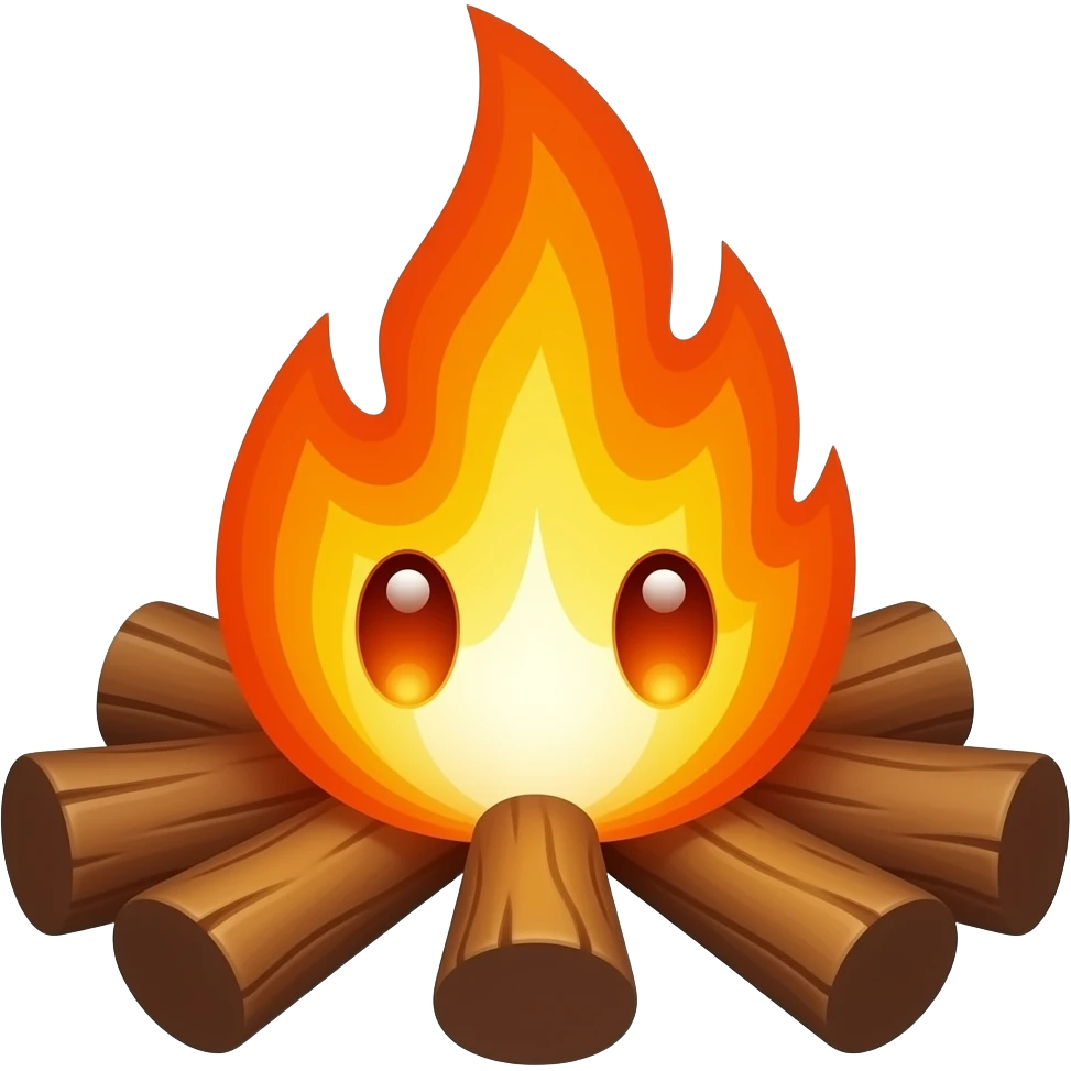 A campfire with wooden legs and with glowing orange eyes facing forward facing forward emoji