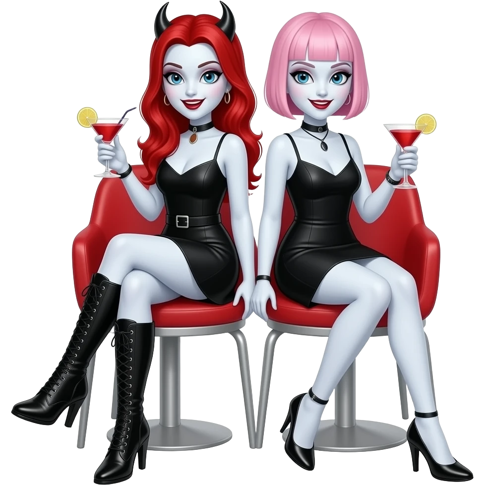 Vampiro femmina con pelle bianca e capelli rossi indossa un vestito corto nero e degli stivali lunghi con tacco neri e prende un cocktail insieme alla sua amica VAMPIRO che prende un cocktail con i capelli corti rosa e la frangia che indossa un vestito corto nero e la pelle bianca e sono seduti emoji