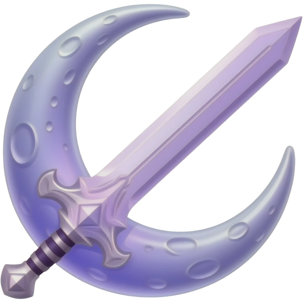 transparent dark purple detailed crescent moon with an elegant detailed glowing transparent sword, emoji style. The sword is positioned so that the blade points away from the moon and the hilt faces toward the moon (blade facing outward, not toward the moon). Soft violet and pink glow emoji
