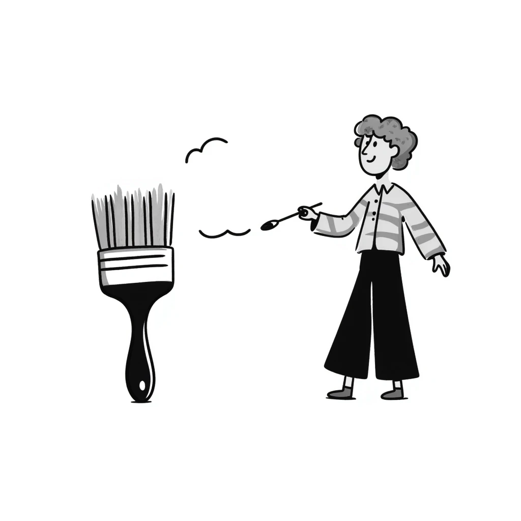 A paintbrush morphing into a metal human figure sculpture, representing artistic identity, with sculptural texture and dimension emoji