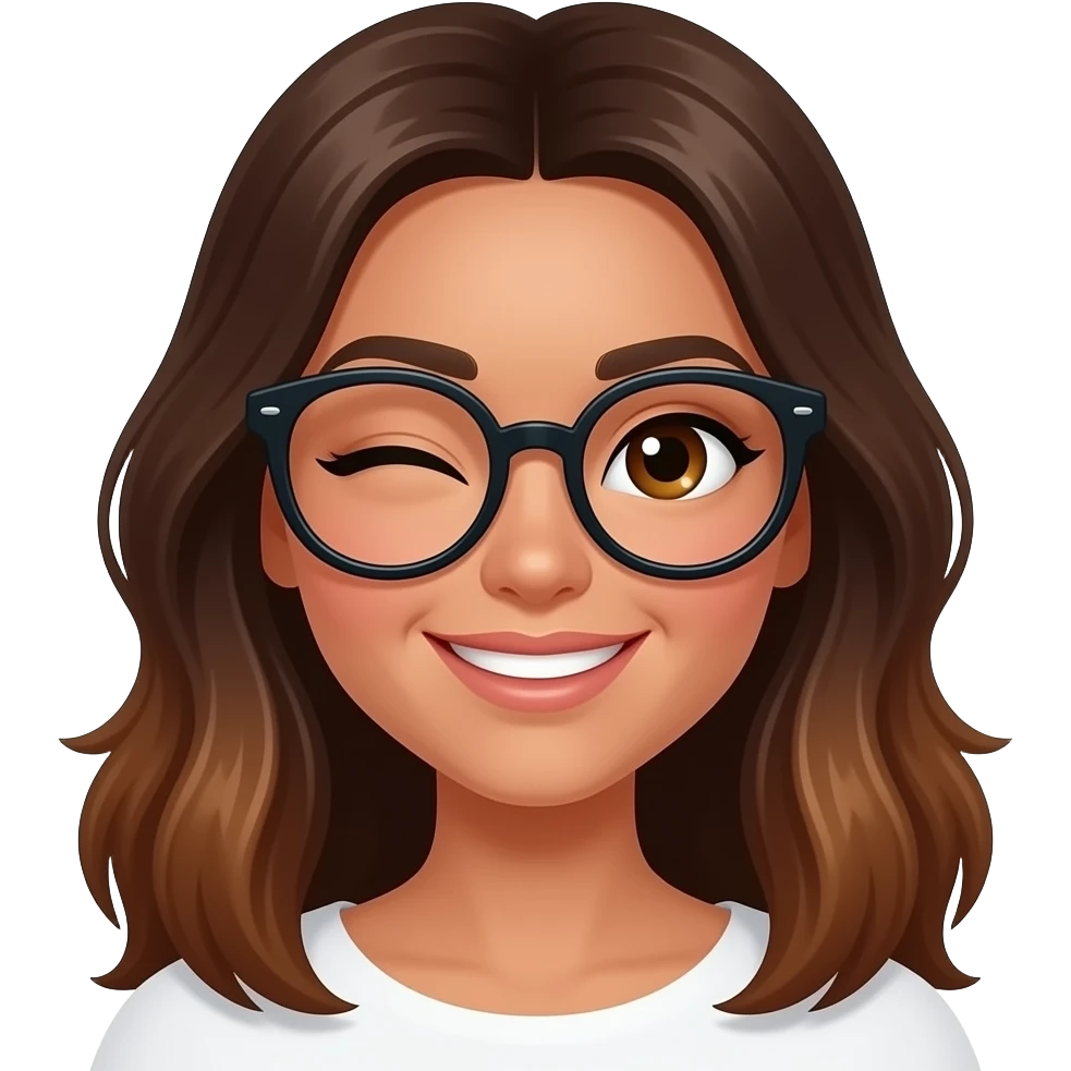 3 girls, one: black long wavy hair, tan, brown eyes, round black glasses, winking , two: brown long straight hair, hazel eyes, white skin, happy expression, three: hazel eyes, brown-ginger mid length hair, smirking emoji