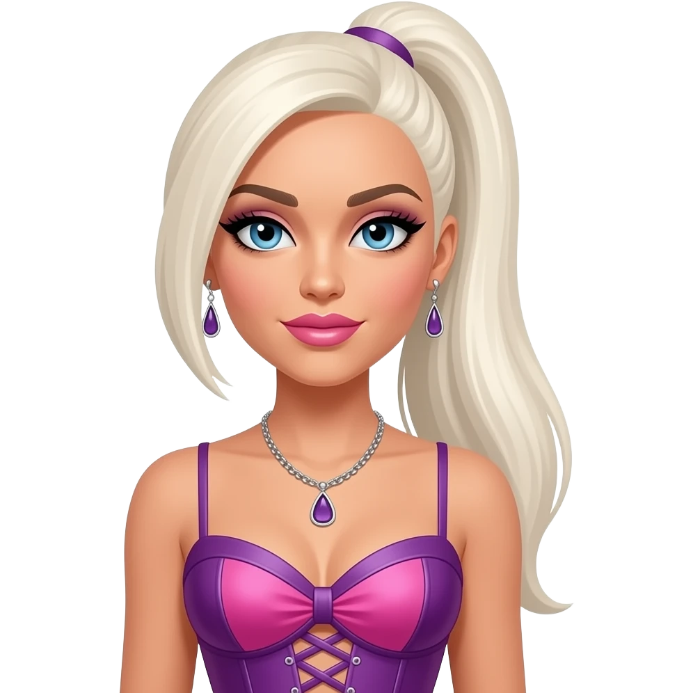 Kimberly Wyatt from The Pussycat Dolls with blue eyes, long white blonde high ponytail straight hair, black eyeshadow, pink lipstick, pink and purple off corset dress, necklace and earrings emoji
