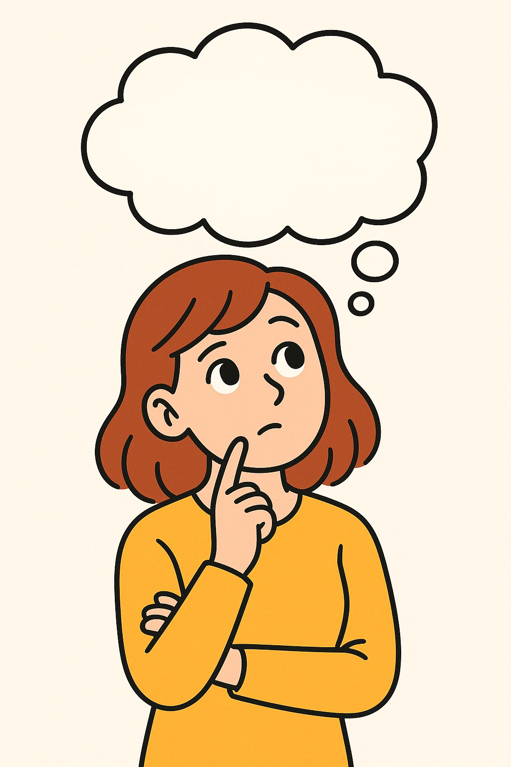 woman thinking with a thinking cloud above her head, clear expressive style emoji
