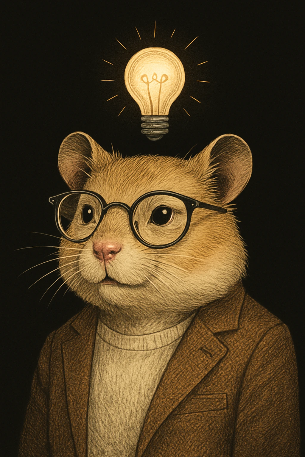 contemporary, mature-looking hamster, inspired expression, fashionable glasses, and a lightbulb symbolizing an idea, sophisticated illustration style, solid black background emoji