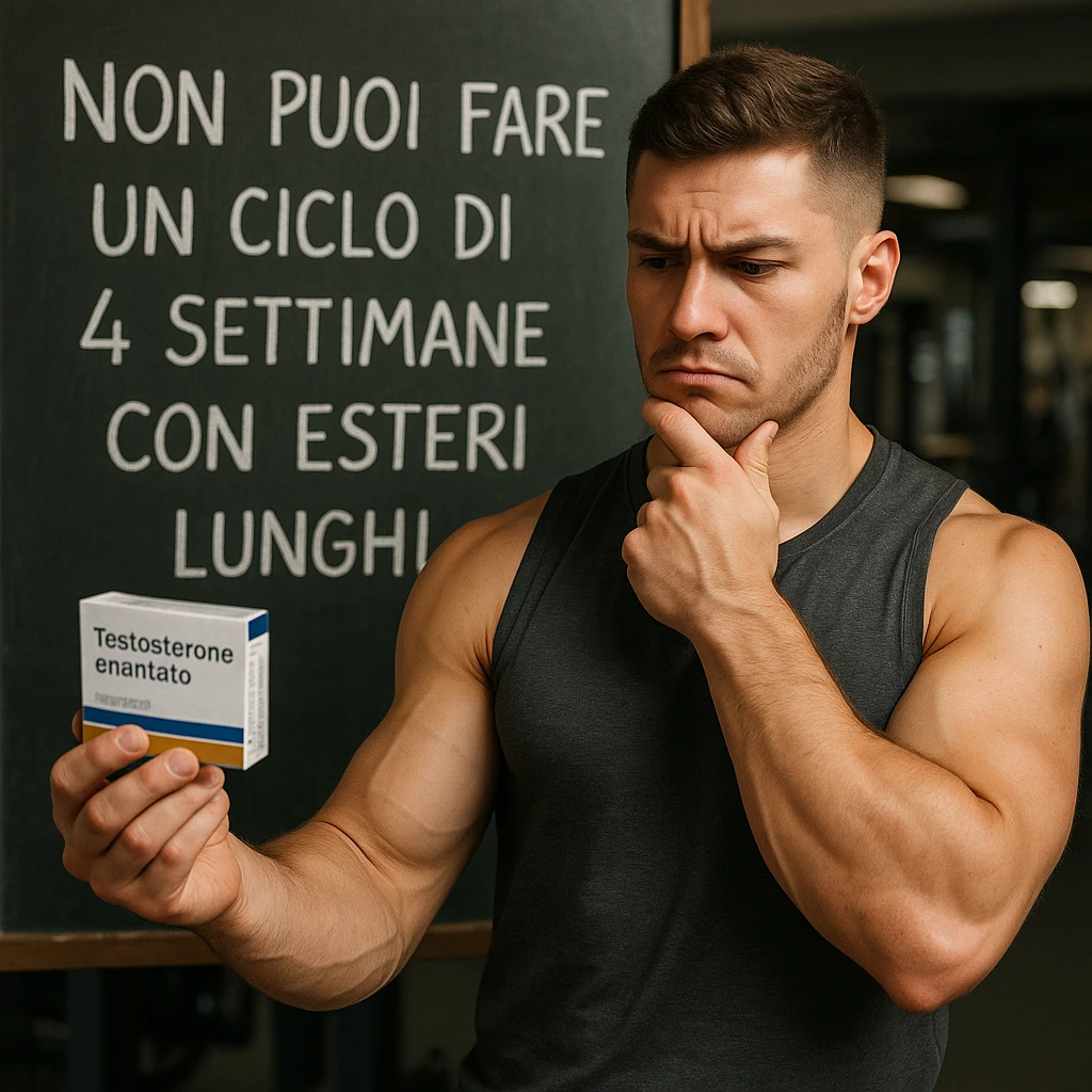 realistic young muscular bodybuilder in sportswear holding a box labeled 'Testosterone enantato', doubtful expression, standing in front of a blackboard with Italian text 'Non puoi fare un ciclo di 4 settimane con esteri lunghi', explanatory atmosphere, gym background, 4K quality emoji