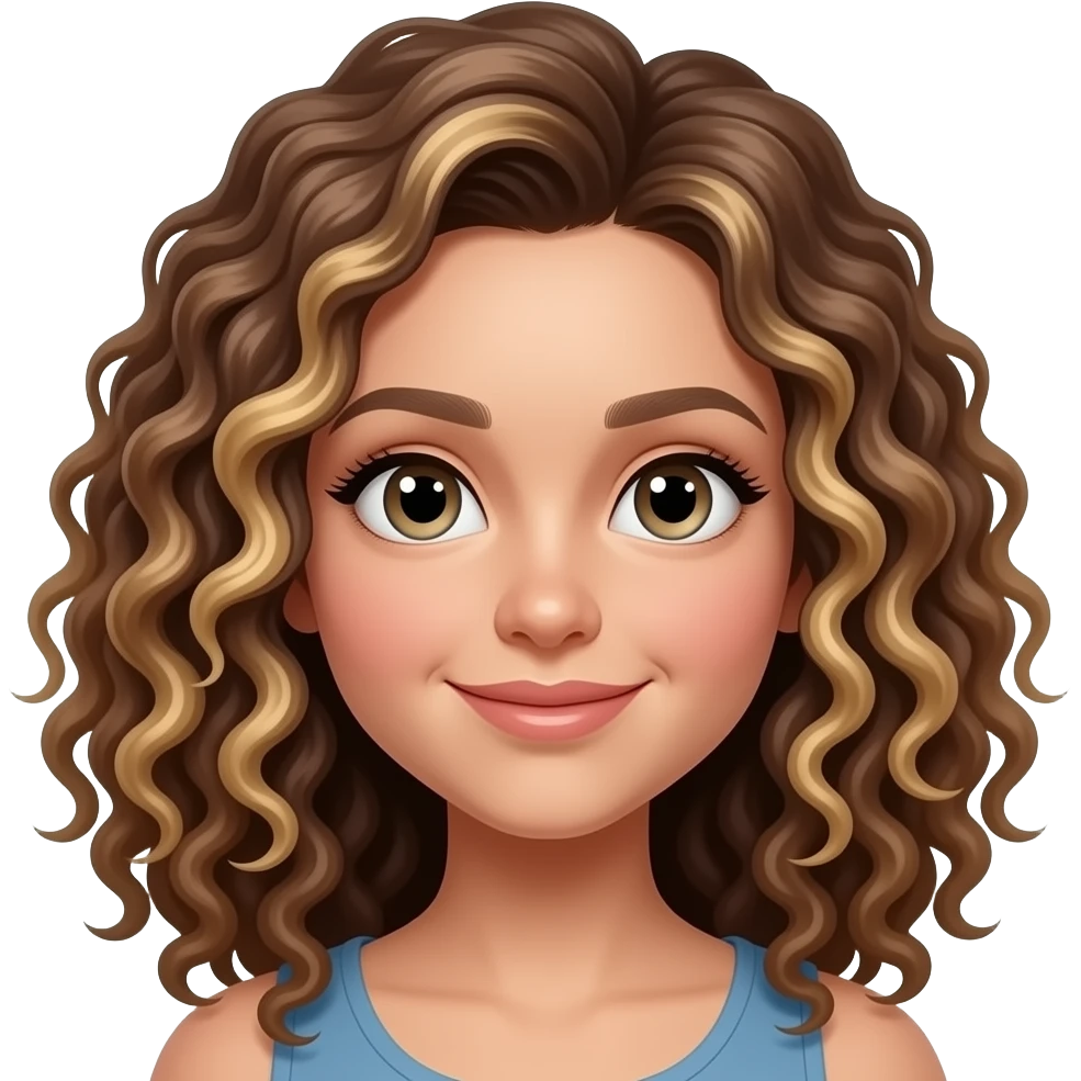 Menina branca, bonita, com cabelo muito CACHEADO com cabelo castanho e com mechas loiras por todo cabelo emoji