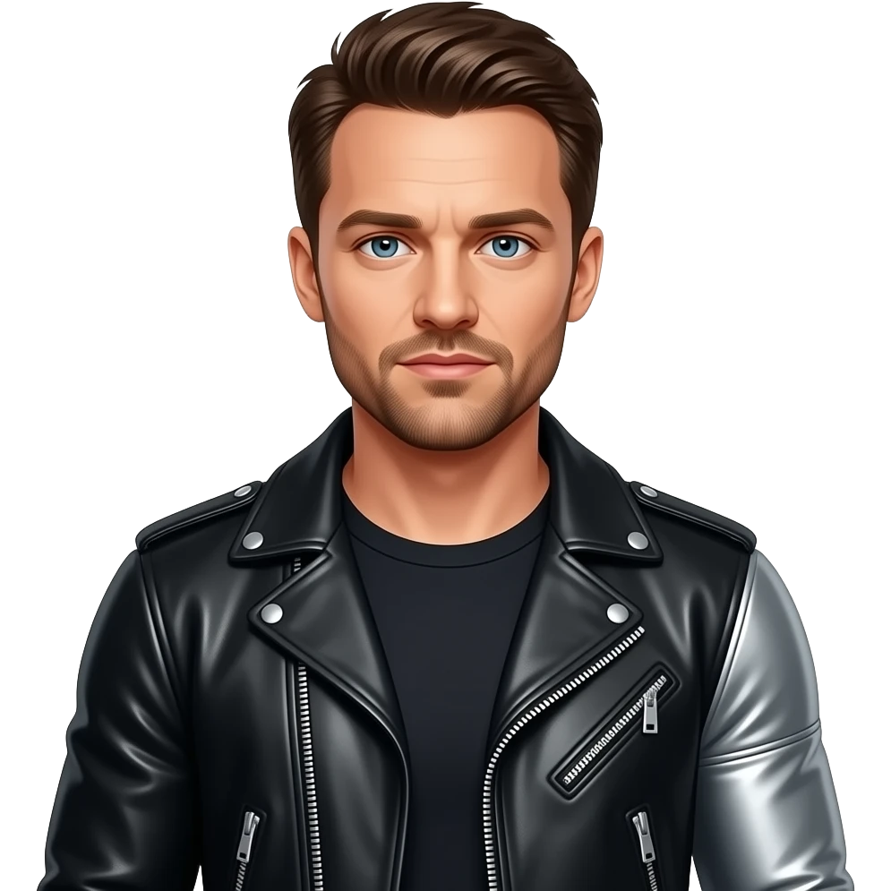 Sebastian Stan with  a leather jacket and one metal arm emoji