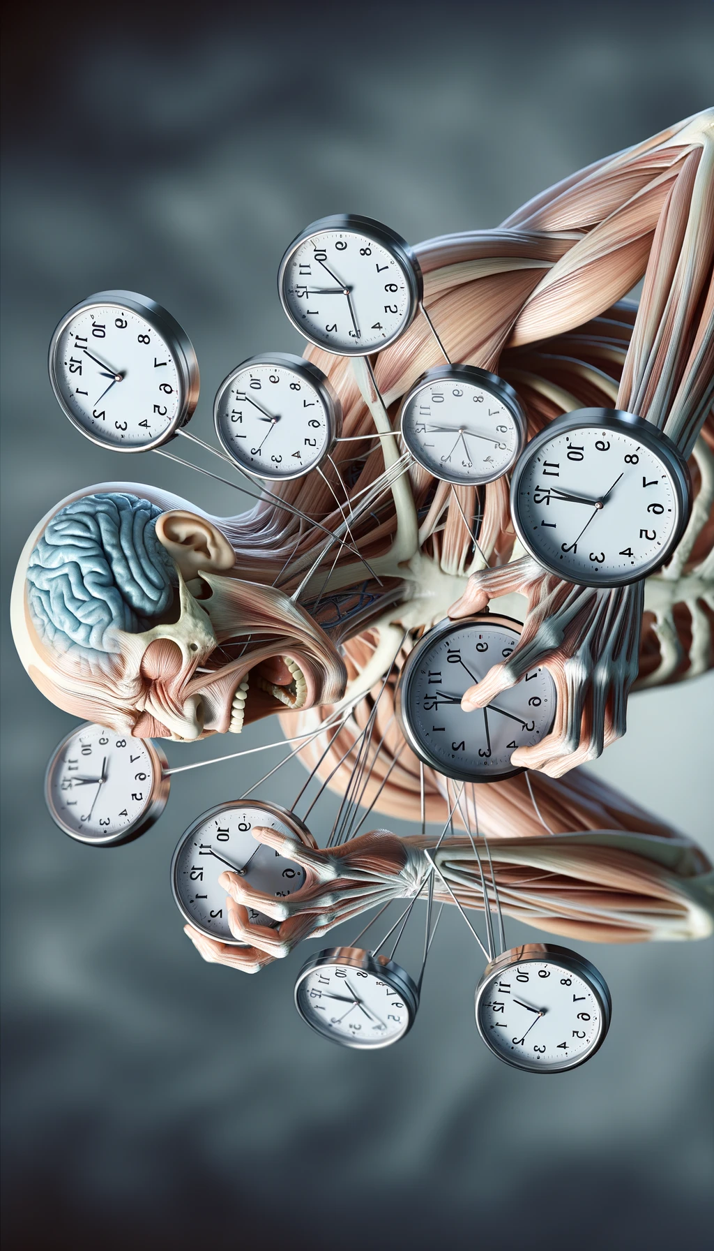 corpo umano anatomico CHE TIENE OROLOGI NELLE MANI E STA IMPAZZENDO PERCHé NON RIESCE A SVOLGERE TUTTE LE SUE ATTIVITà QUOTIDIANE: NON HA TEMPO, iperrealistico 4k emoji