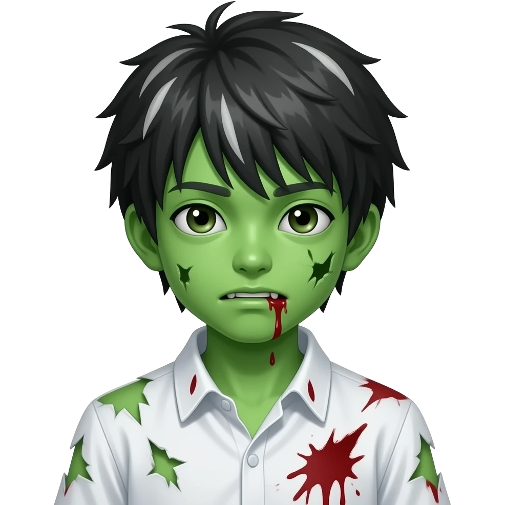 garoto zumbi japonês pele verde com cabelo com luzes brancas e com uma camisa branca com sangue emoji