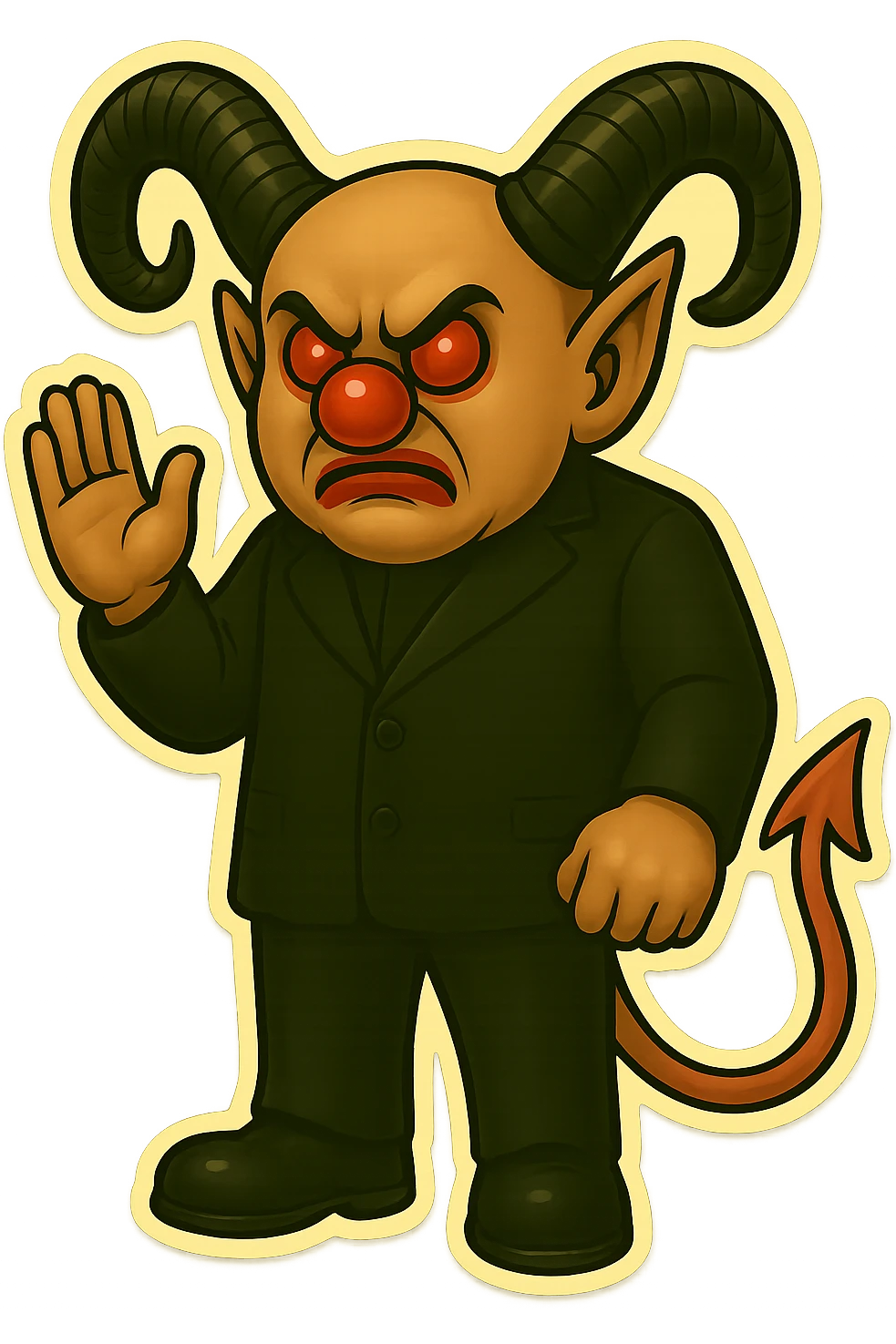 Evil clown wizard in retro sticker style, transparent background, wearing an all black suit with no pentagrams, using the face, horns, and tail from the reference image. He has a frown and never smiles. Pose: one hand raised, other hand clenched, clean modern sticker look. emoji