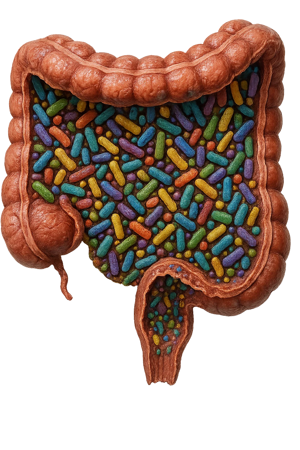 COLON DI UN INTESTINO UMANO ANATOMICO CON ALL'INTERNO PIENO DI BATTERI INTESTINALI, IPERREALISTICO 4K emoji