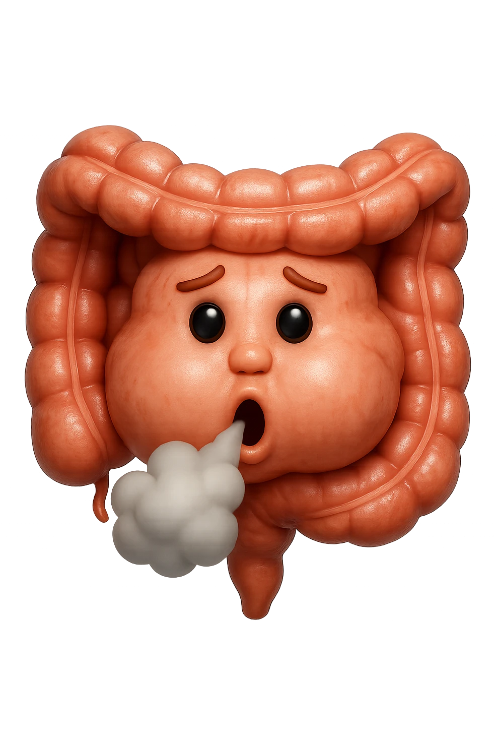 emoji stile iphone di un intestino che ingoia una nuvoletta di aria ben visibile e gli si gonfia la pancia, non fargli il naso, iperrealistico 4k emoji