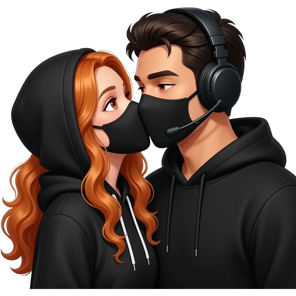 sexy girl with long curly ginger hair and ginger eyes with a black hoodie and mask gets kissed by a attractive blackhaired man with a black hoodie, a headset and a black mask emoji