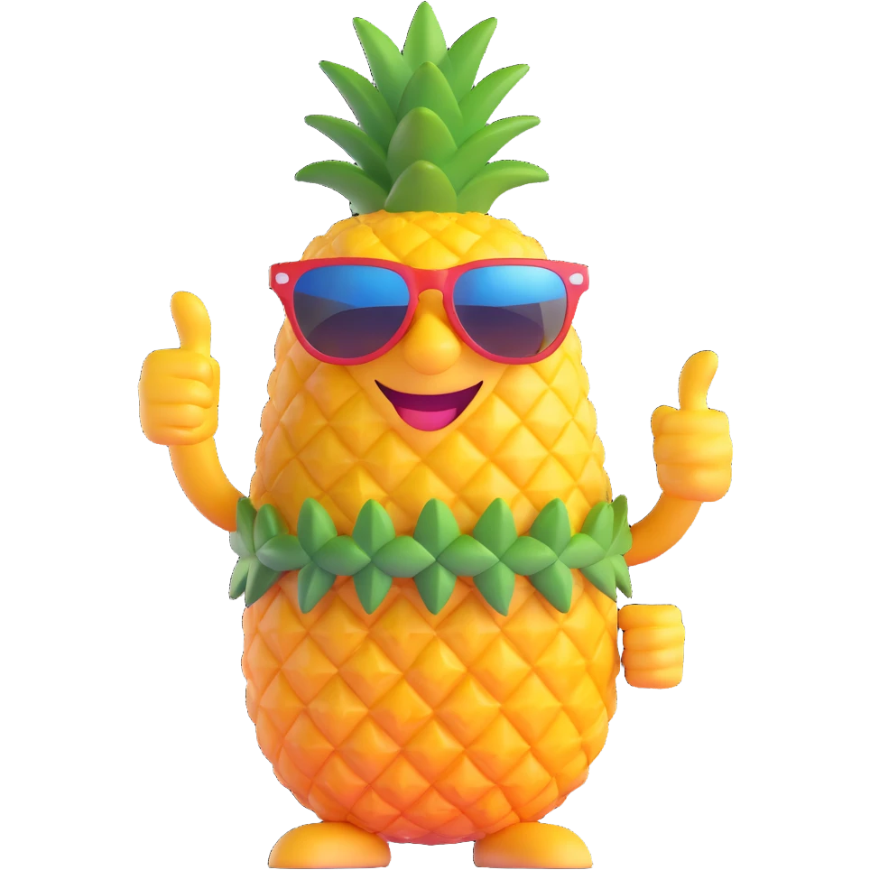 pineapple with sunglasses, big smile, giving a thumbs up emoji