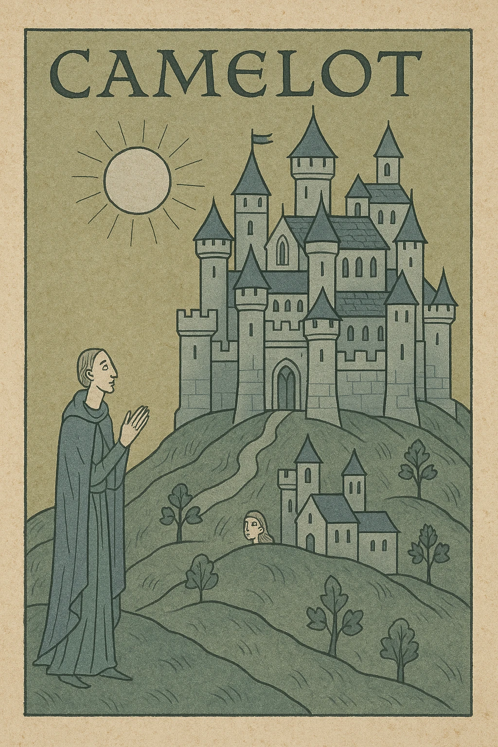 Camelot castle, perched on a hill, sunrise lighting, legendary and regal, storybook style emoji