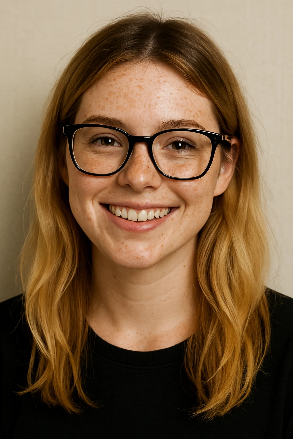 head and shoulders portrait of a blonde girl with brown roots, freckles, and black frame glasses, smiling, simple background emoji