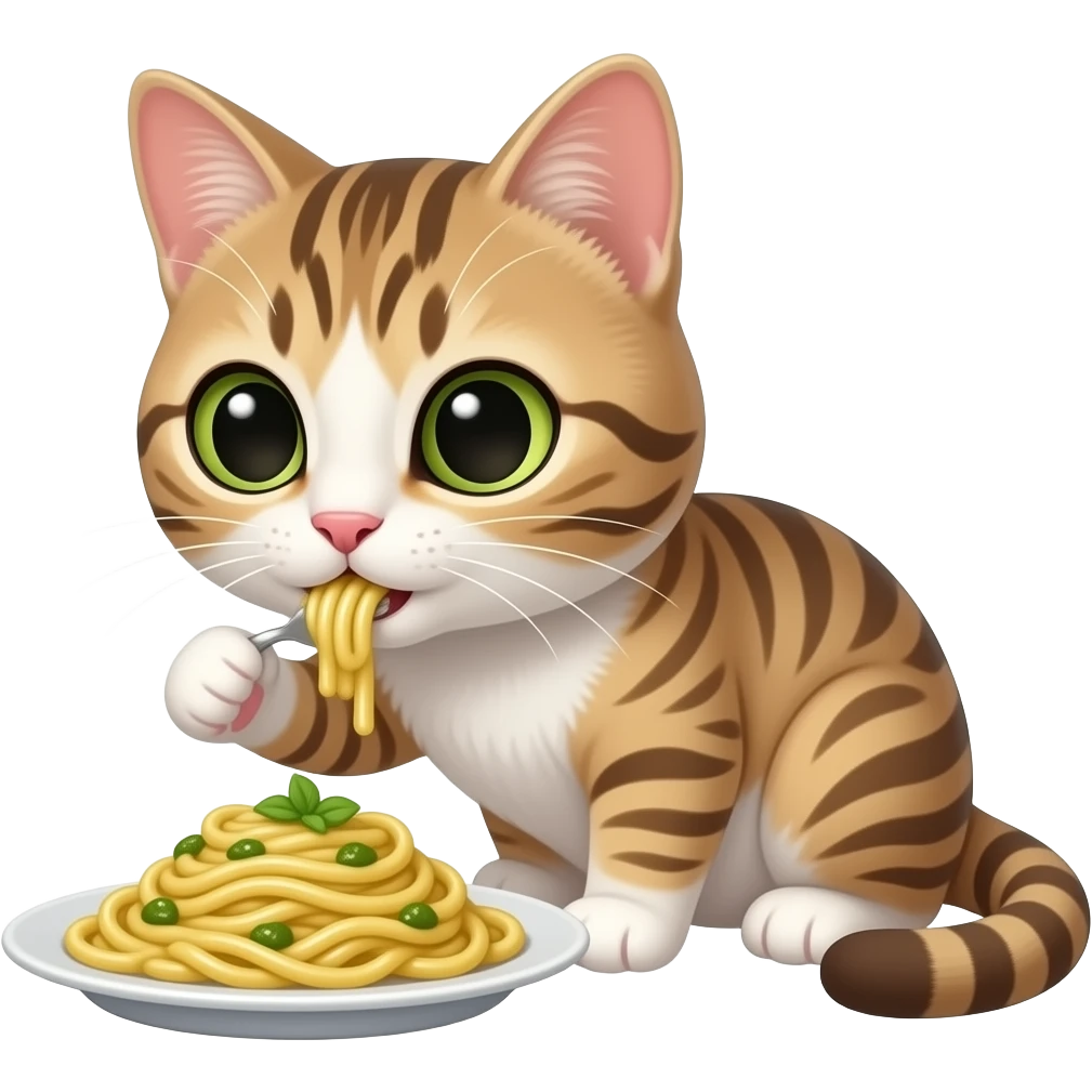 a delicious pesto pasta being eaten by a tiny cat emoji