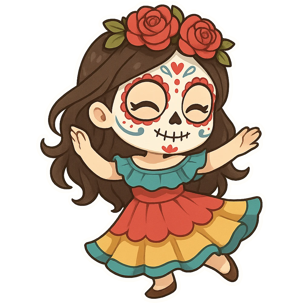 一个身穿彩裙的女孩，脸上画着万灵节的妆容，跳舞 emoji