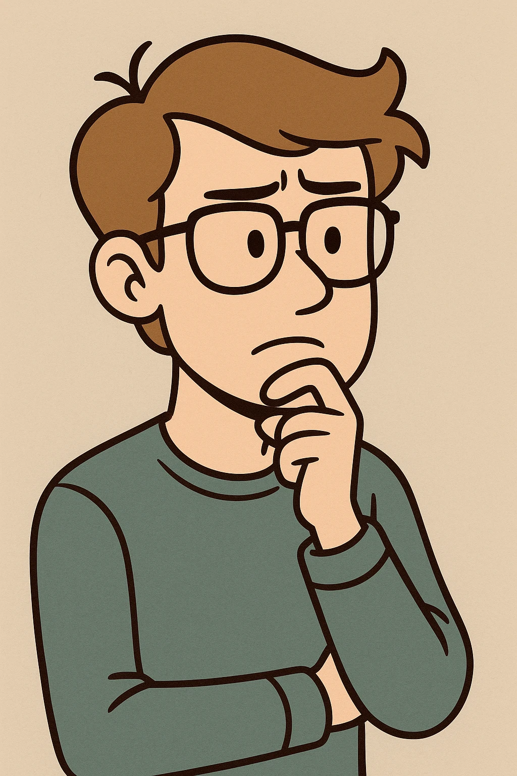young man with light brown hair and fair skin, wearing glasses, thinking gesture, cartoon style emoji
