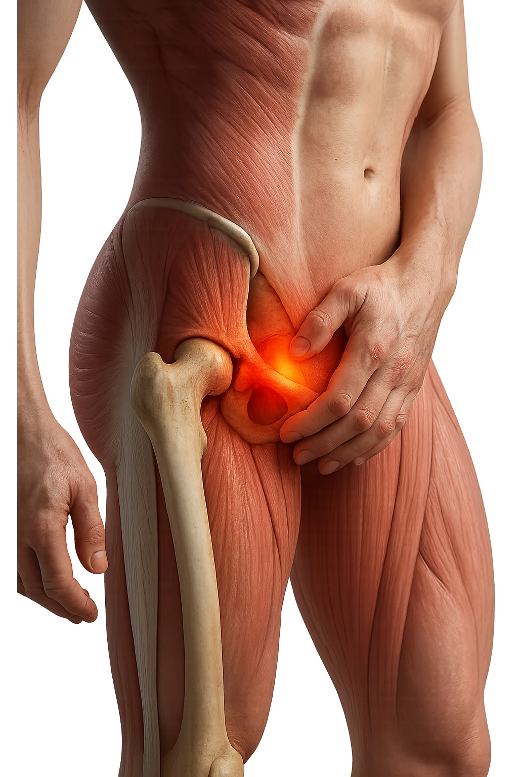 CORPO UMANO ANATOMICO REALISTICO CHE SI TOCCA L'ANCA INFIAMMATA, DOLORE ALL'ANCA, IPERREALISTICO 4K emoji
