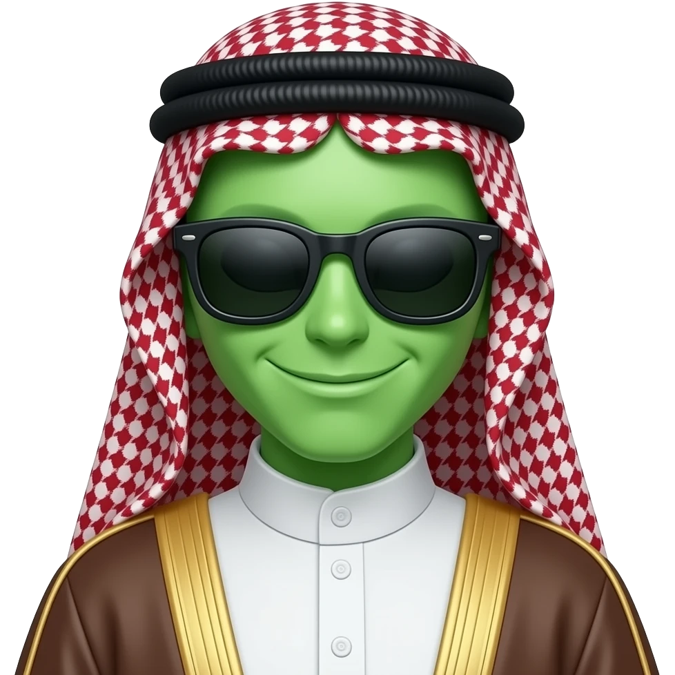 Alien smiley face with black sunglasses and Muslim clothes emoji