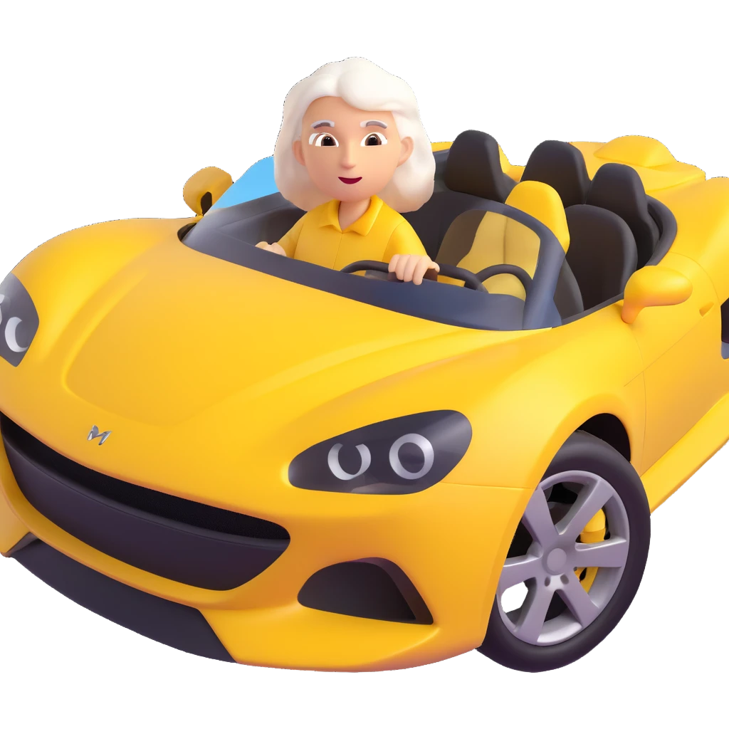 Make the mother with white hair in the yellow sports car look fast and furious, add dynamic motion effects, intense expression, sporty 3D emoji style, no background emoji