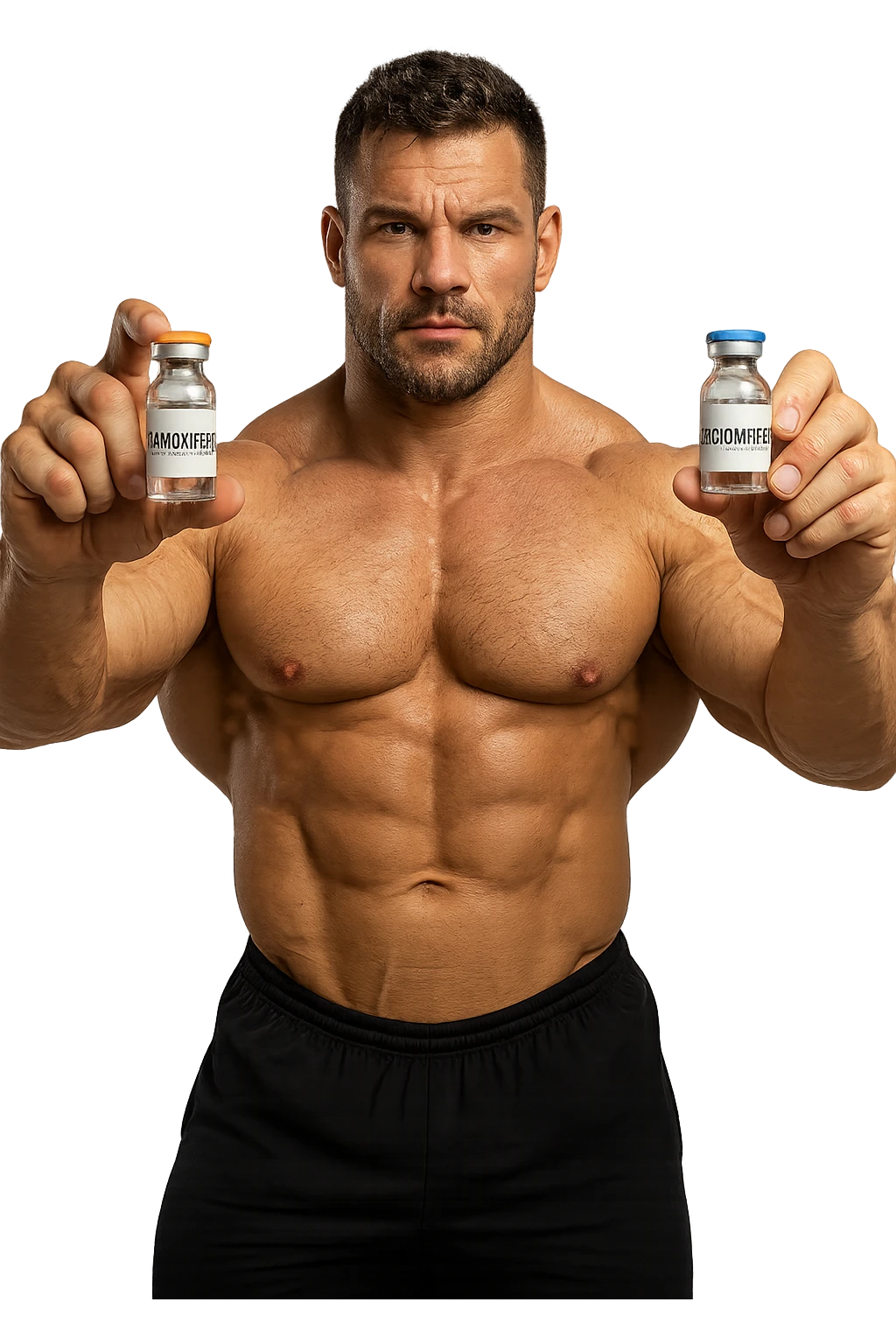 bodybuilder tiene una fiala medica con la scritta "TAMOXIF€NE" NELLA MANO DESTRA E UNA FIALA CON LA SCRITTA €NCL*MIFENE" NELLA MANO SINISTRA emoji