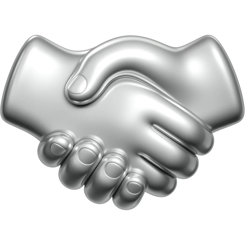 Take the 🤝 handshake emoji and recreate it as a 3D chrome metallic icon.  Liquid silver material, glossy reflections, black and white only,  dramatic studio lighting, white background,  ultra sharp render, 512x512px, no text,  same shape and silhouette as the original emoji emoji