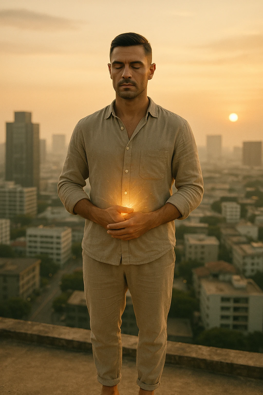 A cinematic portrait of a calm and composed man in his mid-30s, with light stubble and a defined jawline, standing alone on a rooftop at sunrise overlooking a quiet modern city. He’s wearing minimalist, earth-toned clothing — a linen shirt loosely buttoned, neutral joggers, barefoot. His hands rest gently over his abdomen in a meditative posture, eyes half-closed, reflecting clarity and focus. The early morning light bathes his face and body in soft gold, symbolizing renewal and healing. Around him, the city is still asleep, with only faint traces of life below. The air feels clean and silent. Subtle glow effects radiate gently from his chest and abdomen, suggesting internal regeneration. 35mm film style, shallow depth of field, realistic human textures and cinematic color grading with warm and natural tones. emoji