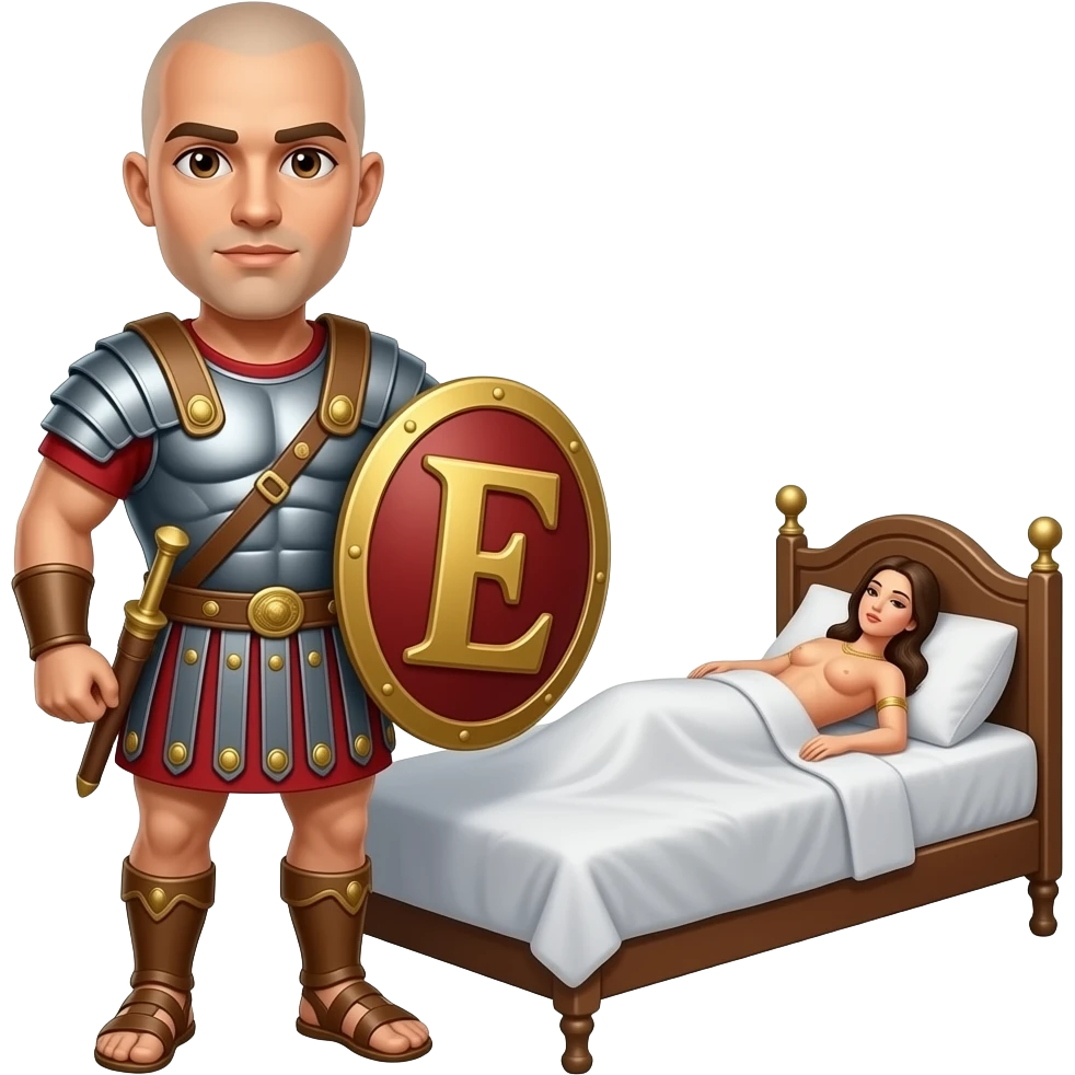 Muscular Roman soldier bald with brown eyes the Letter E on the shield with empress in bed toppless emoji