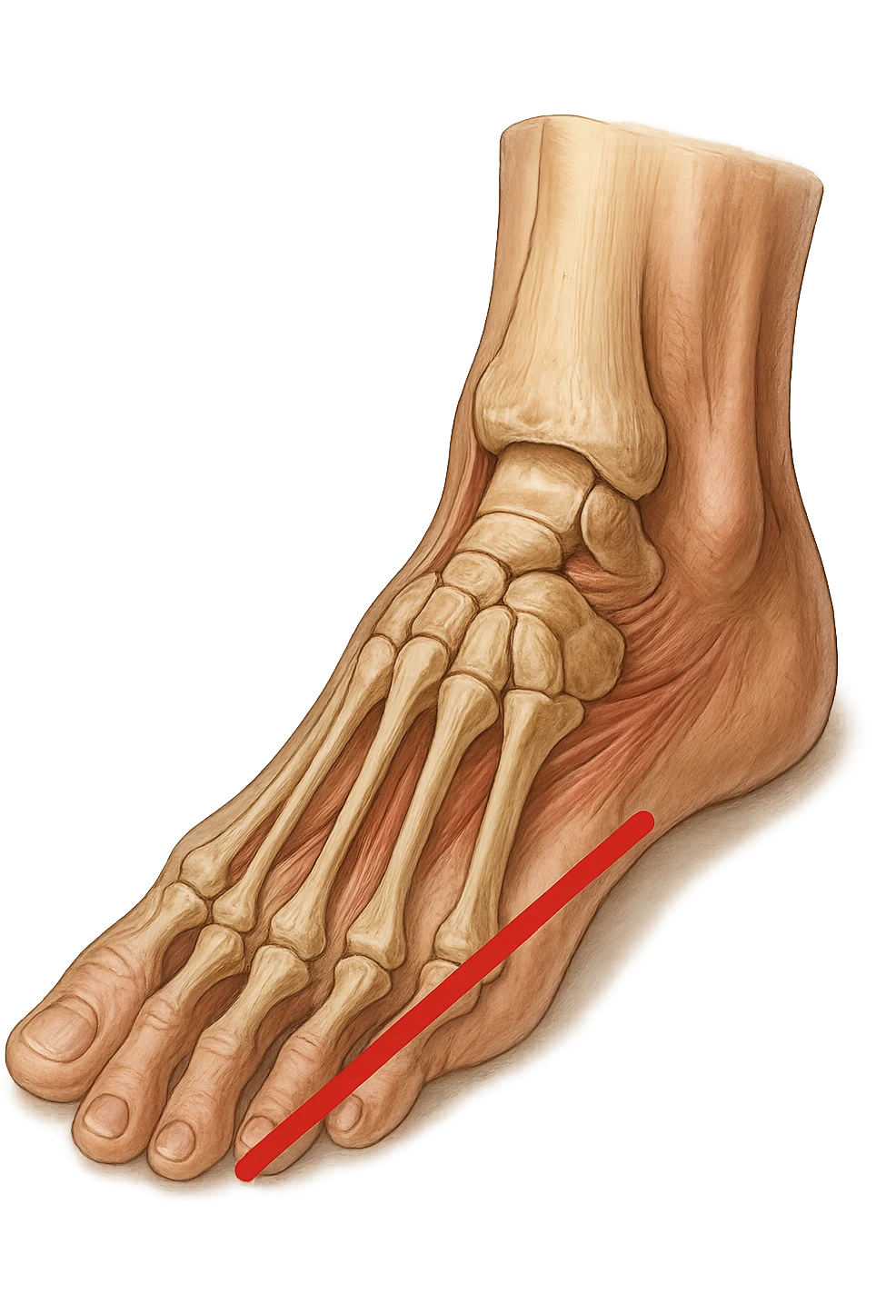 spazio dall'avampiede al tallone umano sottolineato in rosso, fai l'arto umano anatomico realistico con evidenza su quel tratto emoji