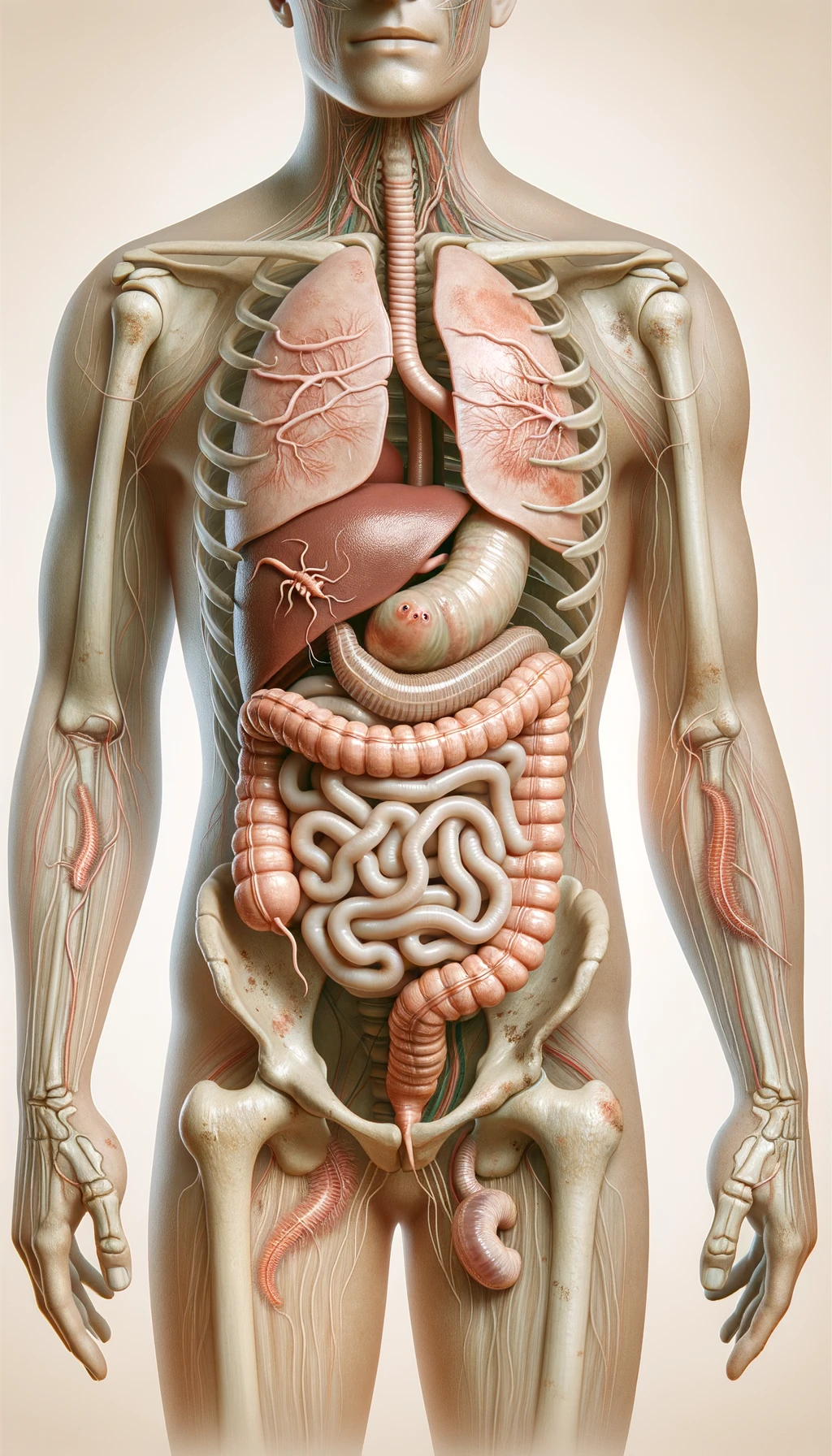 corpo umano anatomico con parassiti tipo la tenia nel corpo, intestino visibile, sfondo neutro chiaro emoji