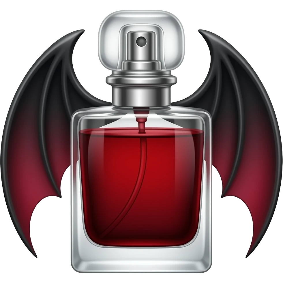 Духи в вампирском стиле с крыльями и красной жидкостью, а на крышке есть элементы клыков emoji
