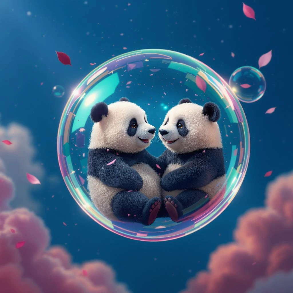 Realistic, Minimalistic Cinematic still of pandas bears sitting inside flying bubbles, blue sky filling background , pink clouds, pink leafs falling around, disney style emoji