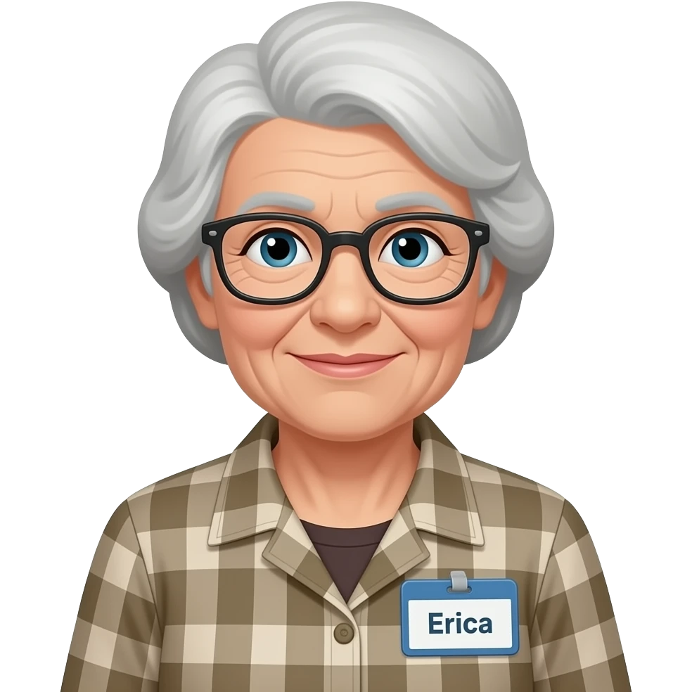 very old disabled lady with name badge that says erica emoji