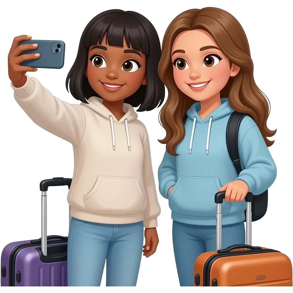 A black girl with bangs and shoulder length hair and a Hispanic girl with long light brown hair with long curtain bangs taking a selfie together. Both wearing comfortable sweats and suitcases at the airport emoji