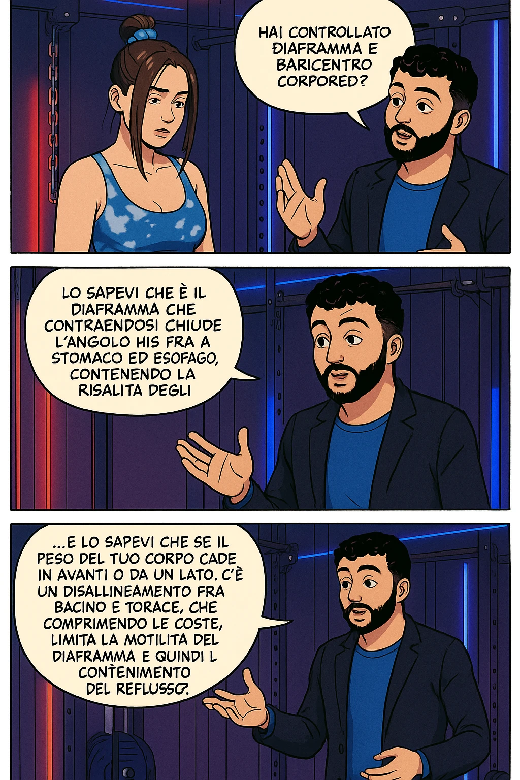 TRASFORMA QUESTO CAROSELLO IN UN FUMETTO STILE WEBTOON/MANGA A COLORI CON QUESTE DUE PERSONE IDENTICHE CHE INTERLOQUISCONO TRA LORO, L'uomo sta spiegando alla donna questo concetto:

LUI (UOMO): Hai controllato diaframma e baricentro corporeo?
LUI (UOMO): Lo sapevi che è il diaframma che contraendosi chiude l’angolo his fra stomaco ed esofago, contenendo la risalita degli acidi grassi?
LUI (UOMO): …e lo sapevi che se il peso del tuo corpo cade in avanti o da un lato, c’è un disallineamento fra bacino e torace, che comprimendo le coste, limita la motilità del diaframma e quindi il contenimento del reflusso? emoji