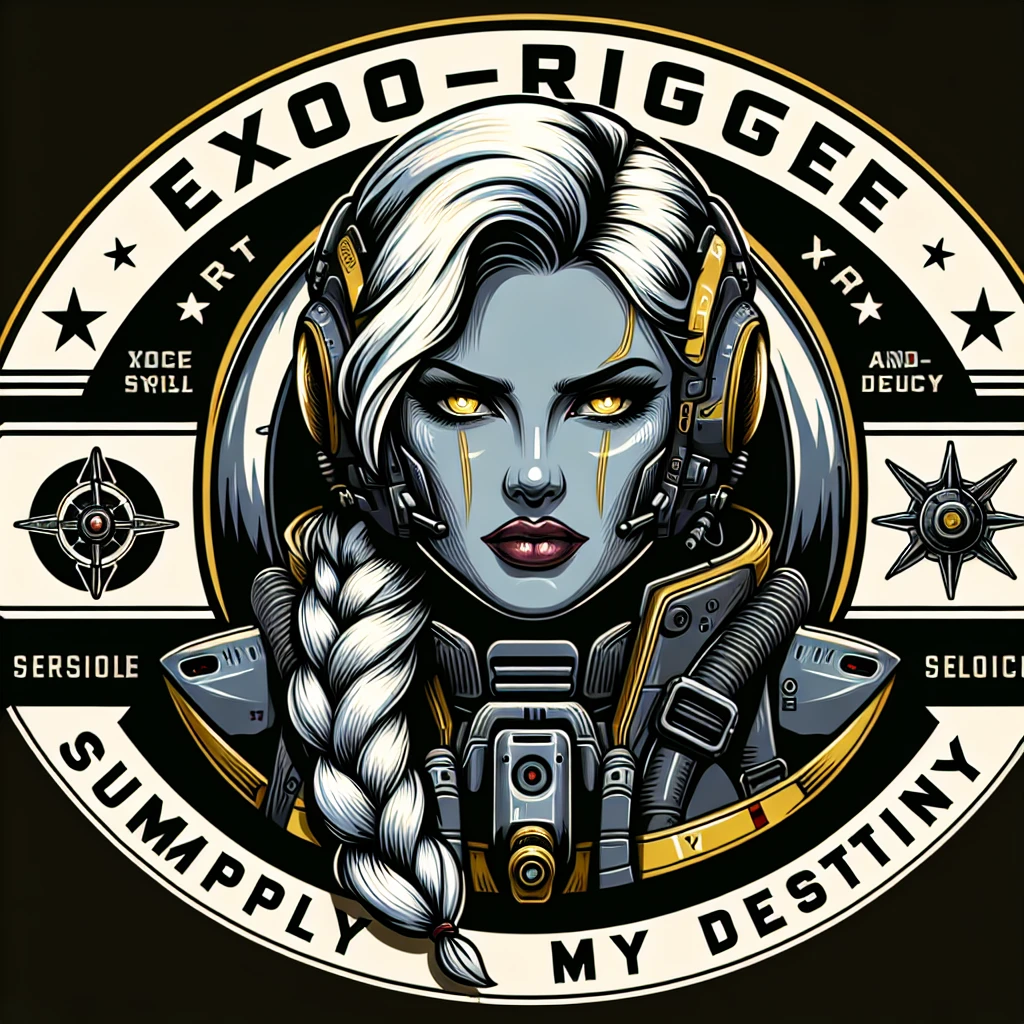 a retro military pinup fuselage decoration for the motto " not my choice, simply my destiny "
the female figure, white hair 1 braid, gold yellow eyes, spacer, fierce, exo-rogue, menacing emoji