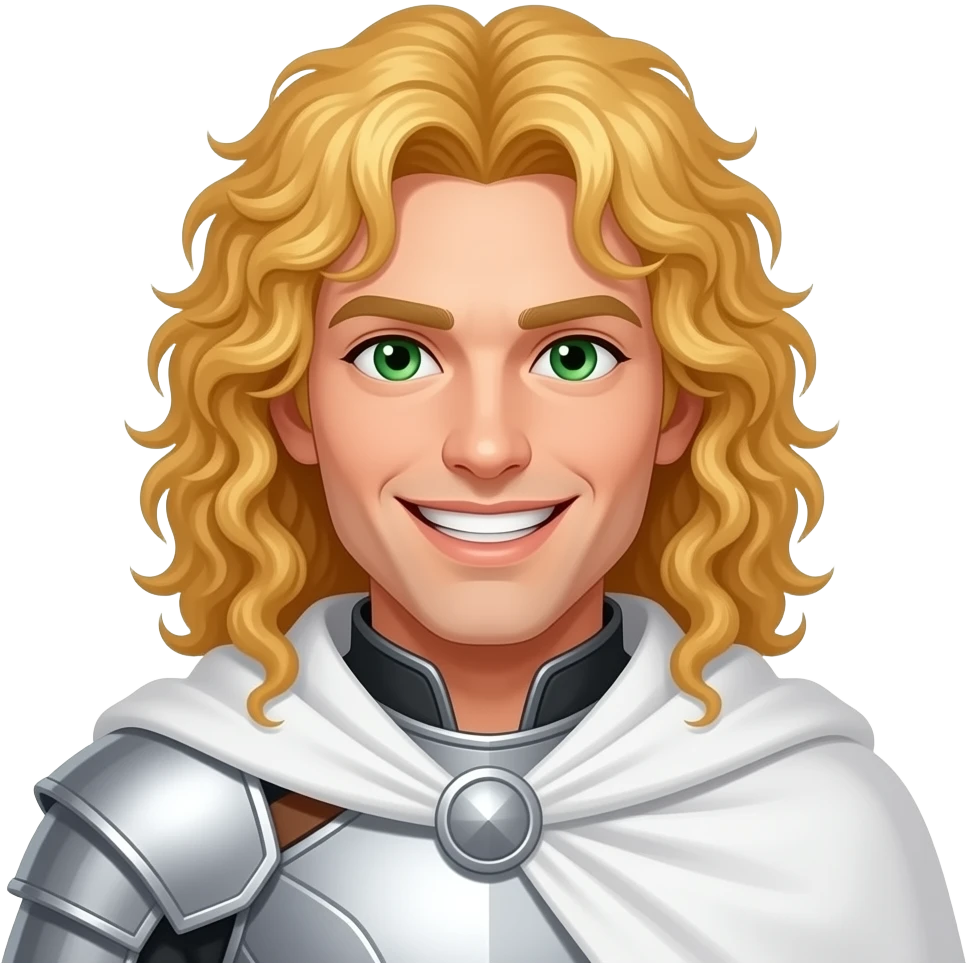 A white man with very long curly, bright golden hair put in a middle part. He is wearing white armour with a white cape. He is clean shaven and has a smile that cuts like a knife. He also has emerald green eyes. He has a sharp jawline. He is in his early thirites. emoji