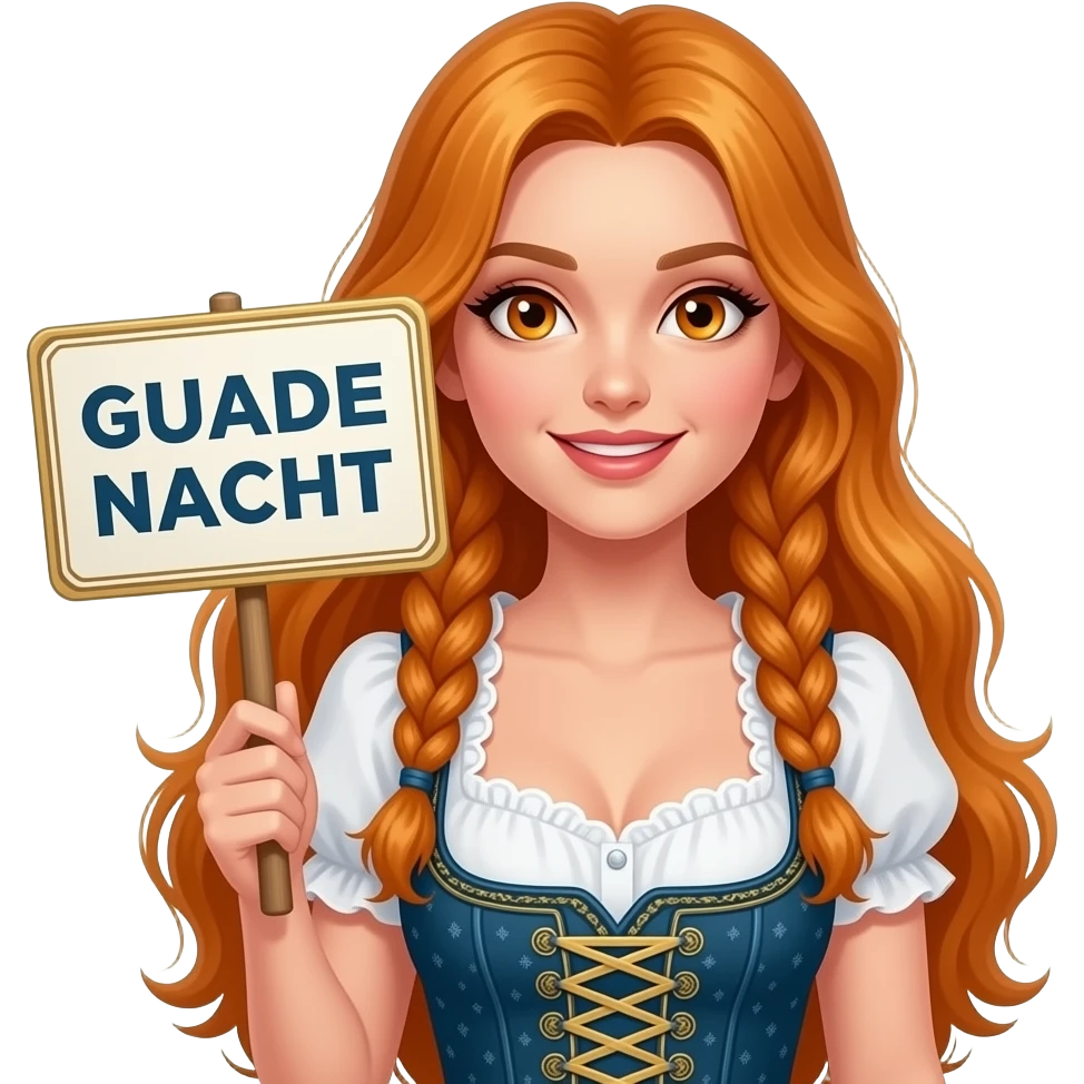 sexy girl with overlong ginger hair in braids and ginger eyes wearing a dirndl holding a GUADE NACHT sign emoji
