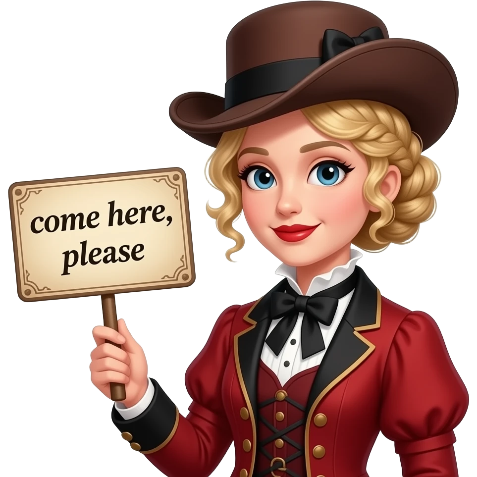 short blonde with spiral curly hair side swept bob pinned in a French twist  with a vintage sign saying come here, please in an 1800 red outfit  and victorian hat in red lipstick emoji
