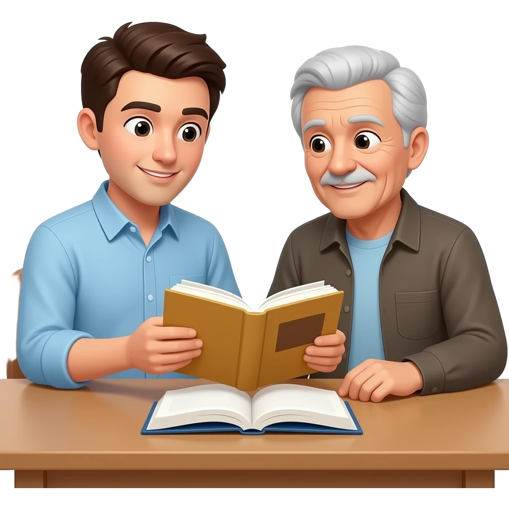one man showing an older man how to read sitting at a table with one book lying flat on the table emoji