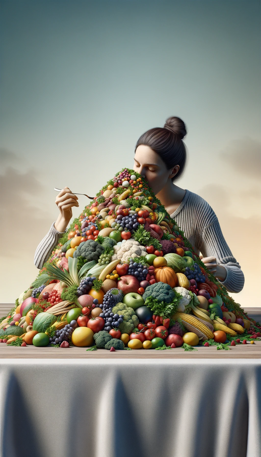 donna che mangia una montagna di frutta e verdura, SFONDO molto CHIARO NEUTRO, colori realistici, iperrealistico 4k emoji