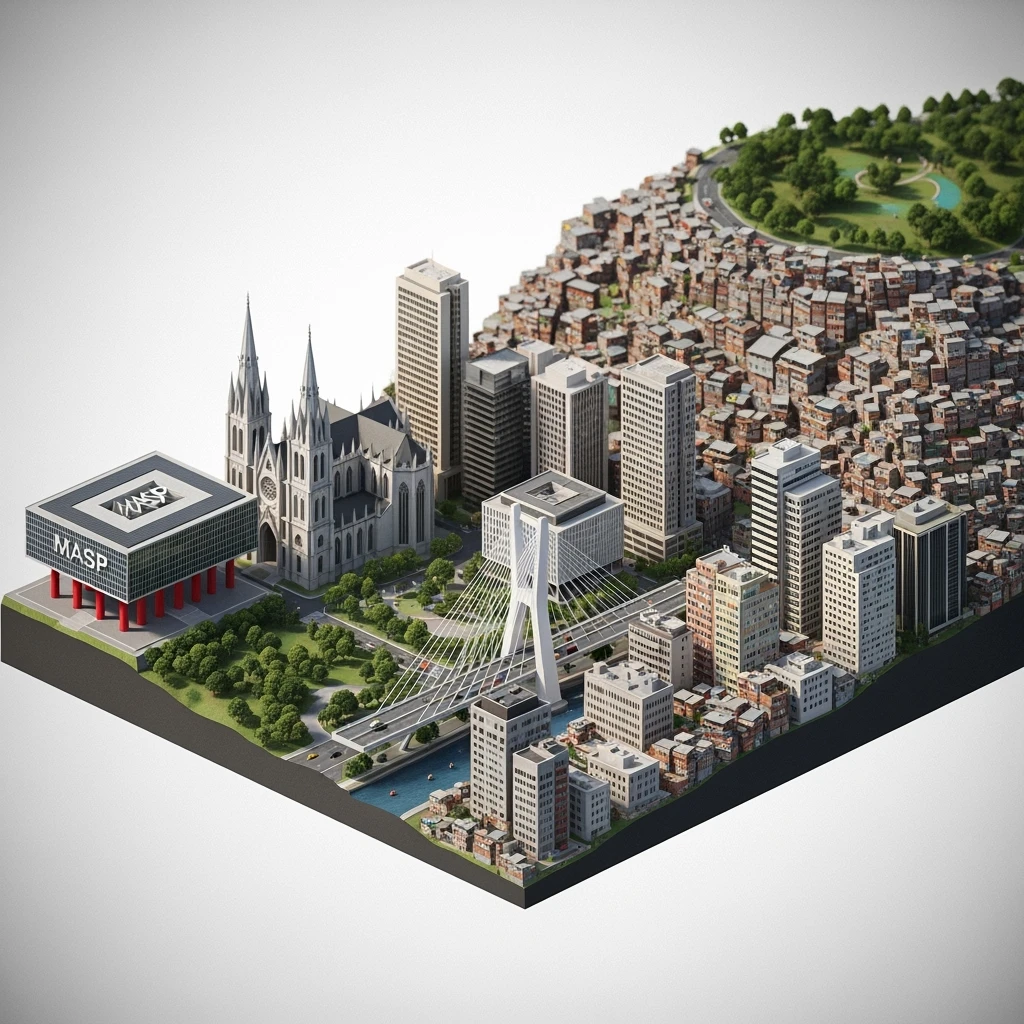Isometric miniature of São Paulo Catedral da Sé, MASP on red pillars, Octávio Frias Bridge, and Altino Arantes building, favelas on hillsides, dense chaotic urban blocks, and green parks 3D miniature effect and Tilt Shift effect, no cartoonish look, transparent background. emoji