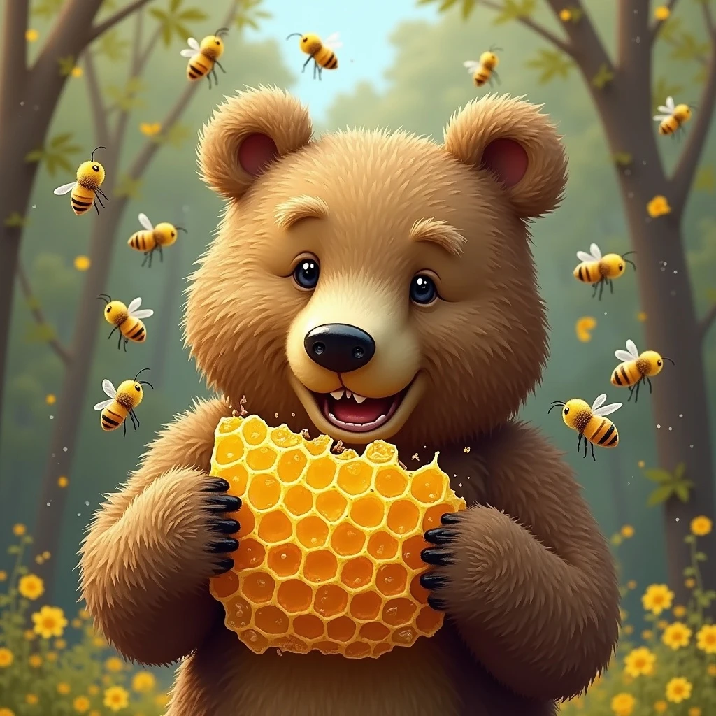 bear eating honeycomb with bees flying around emoji