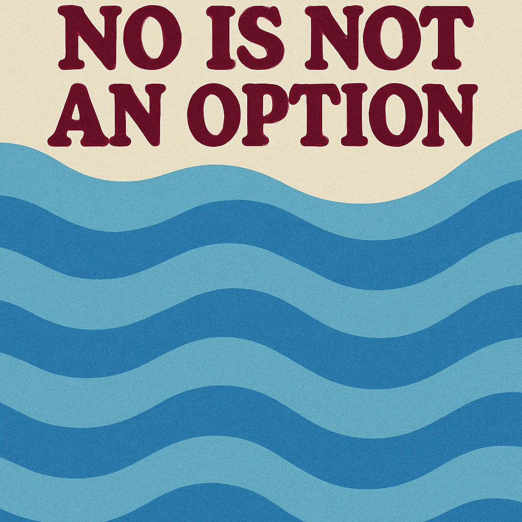 blue wavy background with burgundy text at top "no is not an option" emoji